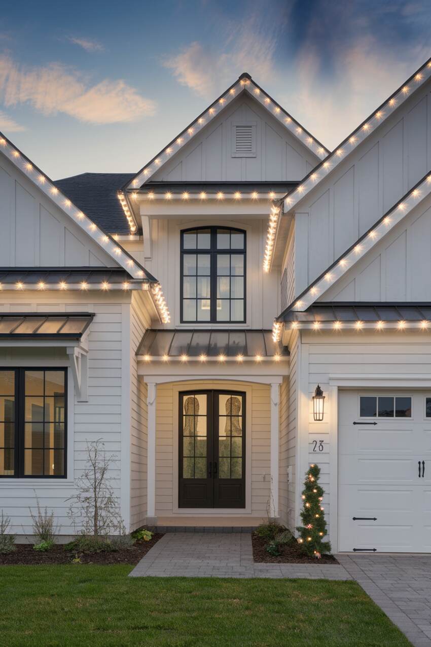Home in Charleston, SC decorated with roofline Christmas lights
