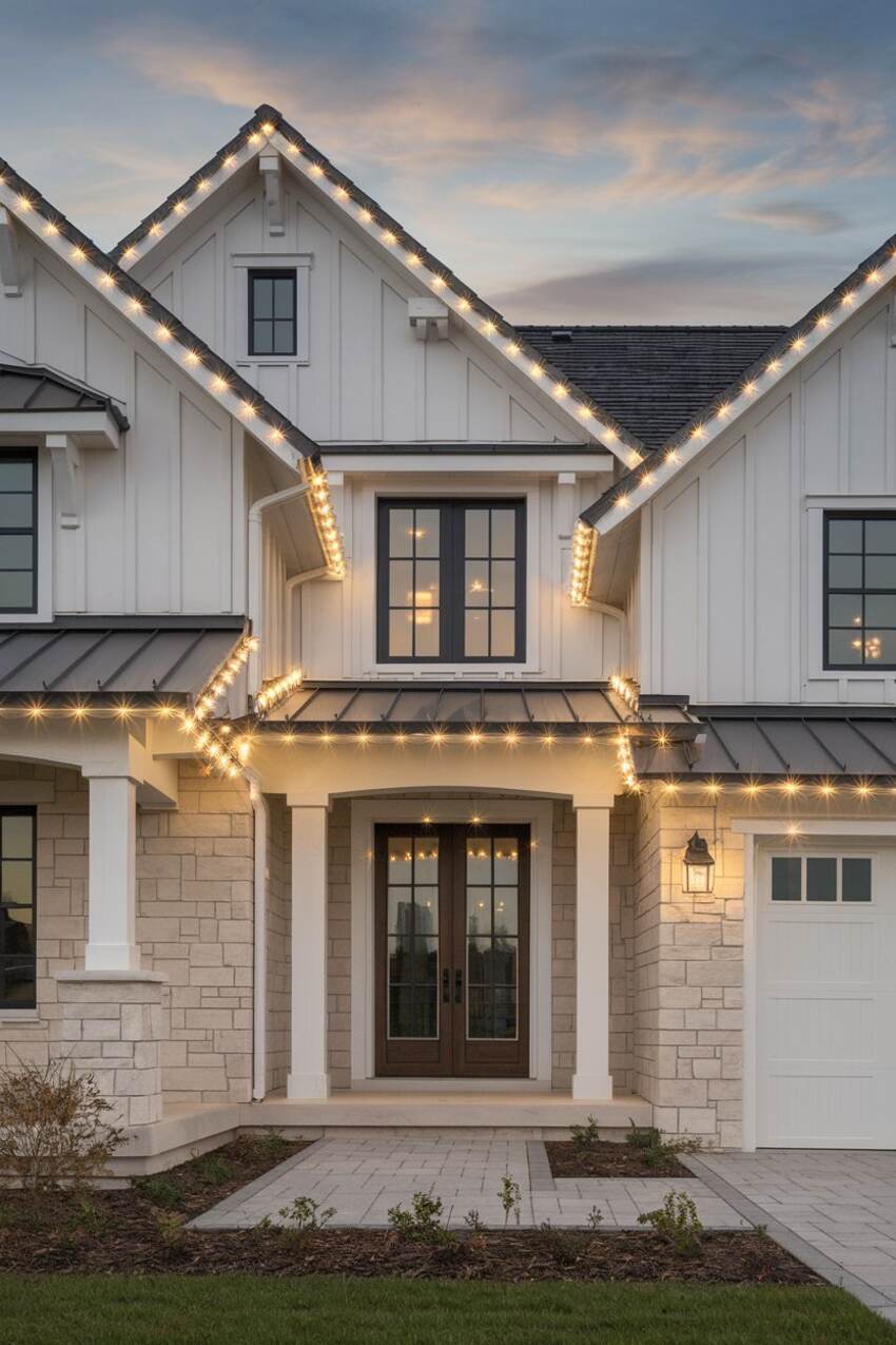 Charleston home with warm white Christmas light installation on the porch