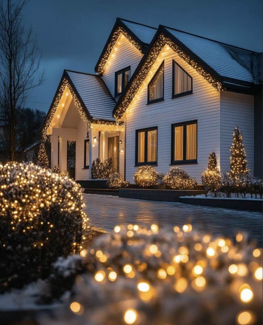 Home exterior lit up with professional Christmas light installation