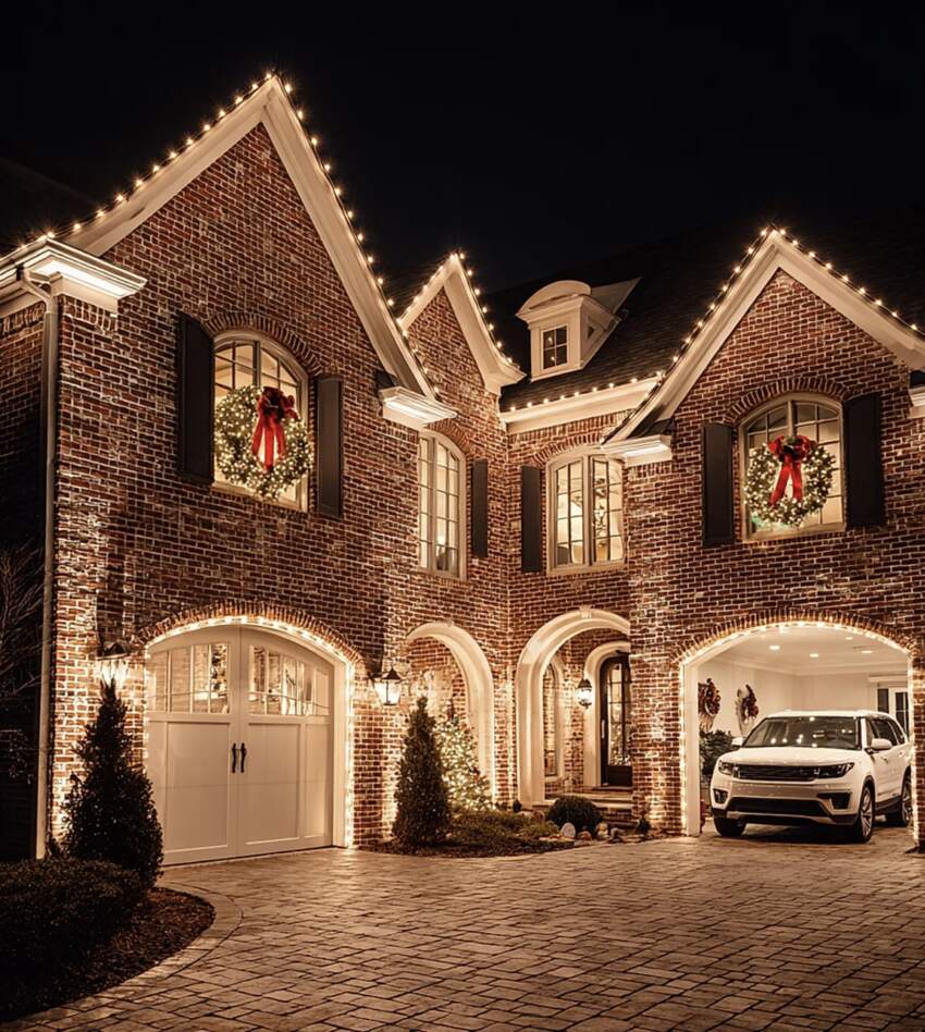 Charleston home decorated with Christmas lights and garland